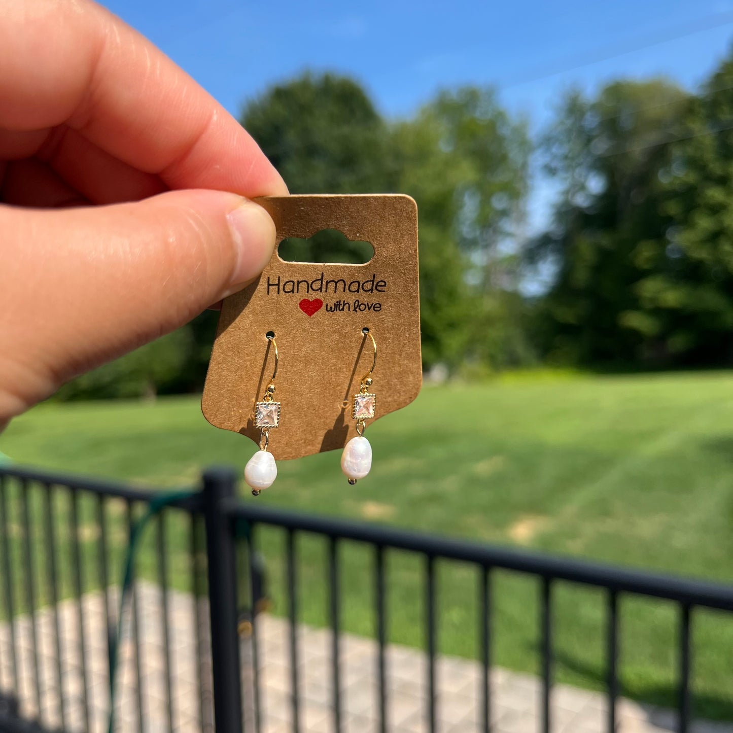 Golden Square Pearl Earrings