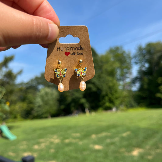 Handmade Enamel Butterfly & Pearl Drop Earrings 🦋✨