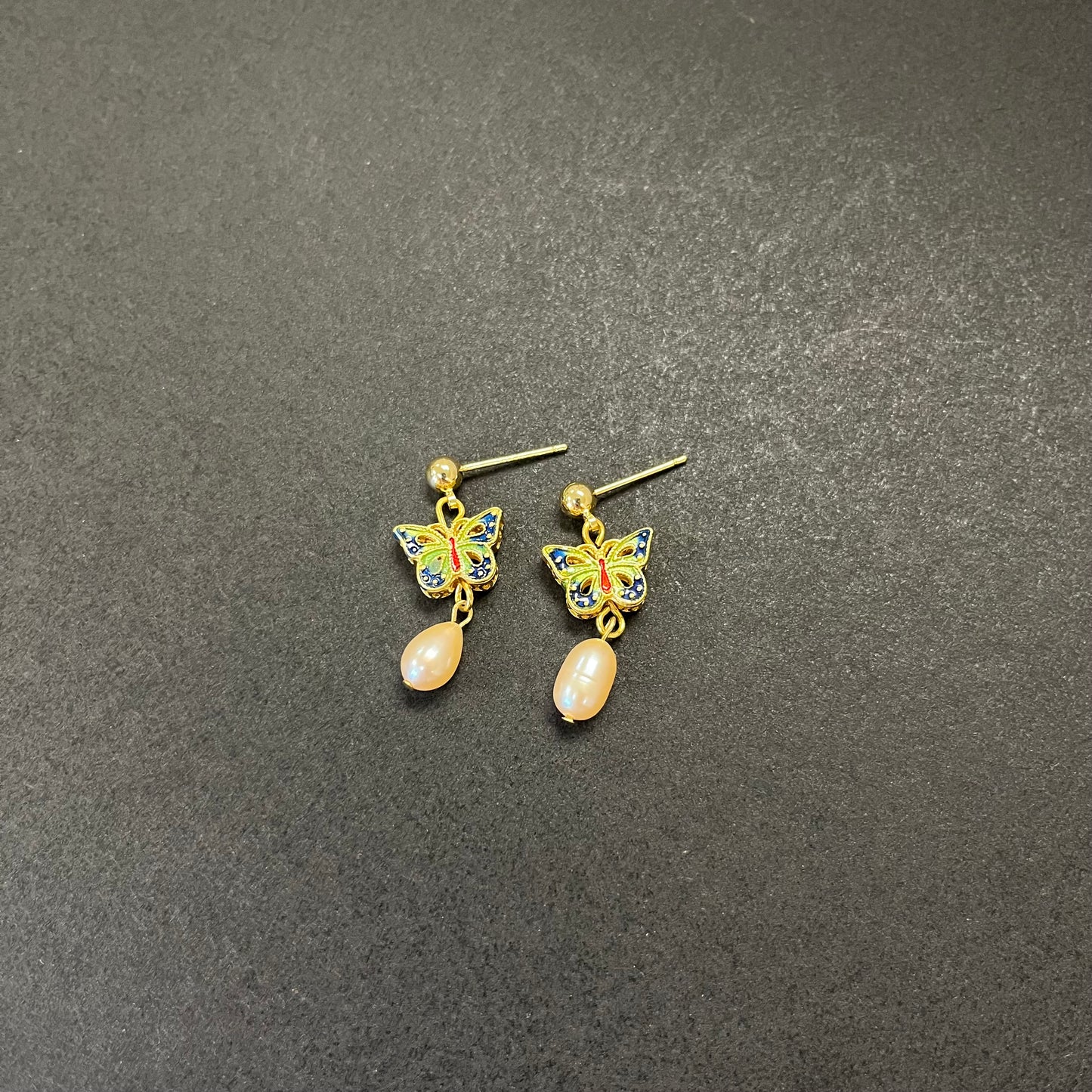 Handmade Enamel Butterfly & Pearl Drop Earrings 🦋✨