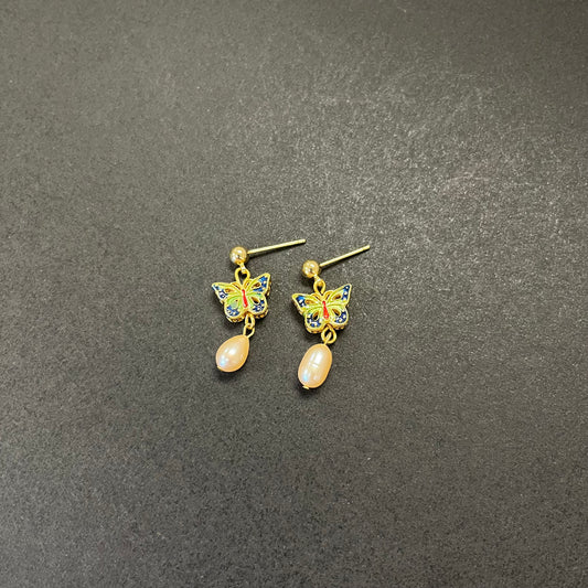 Handmade Enamel Butterfly & Pearl Drop Earrings 🦋✨